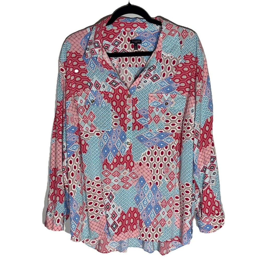 Talbots Womens Geometric Artsy Popover Tunic Top Size 2X Plus Patchwork Office